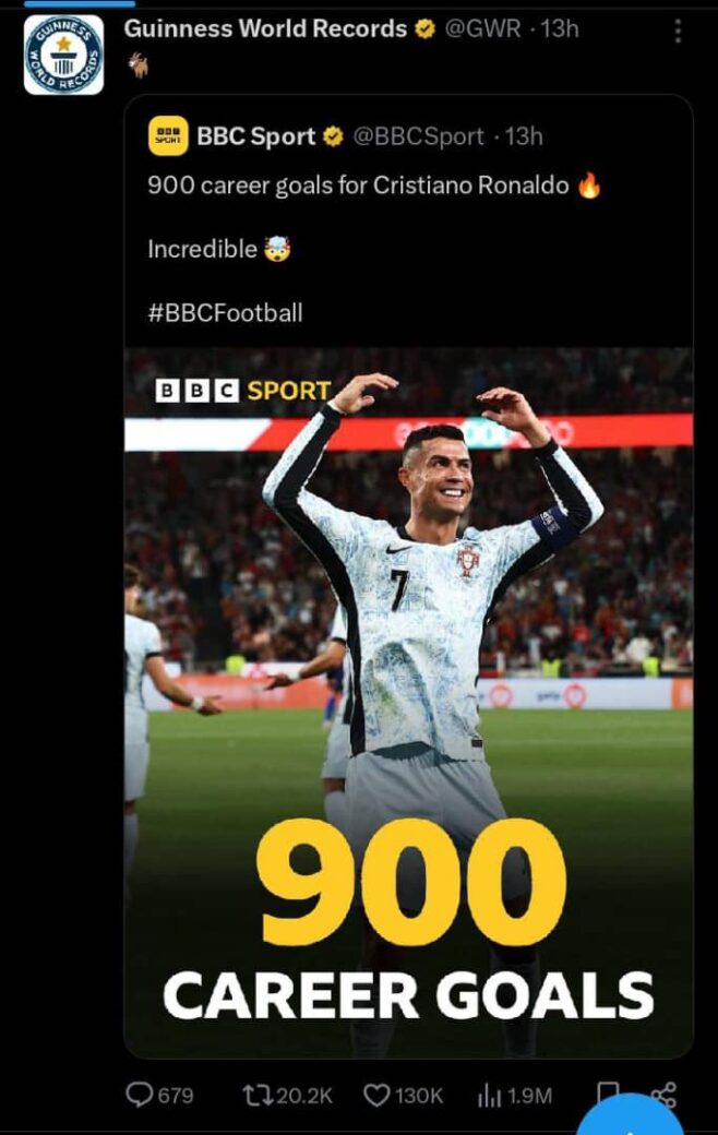 473C7911 BFA9 4746 B9C0 03F23CCC4B30 Guinness World Records Honors Ronaldo's 900th Career Goal with a 'GOAT' Tribute