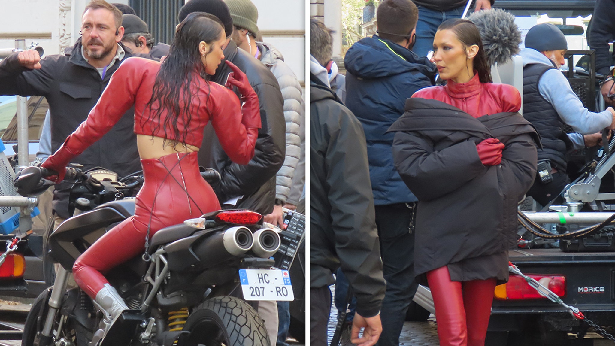 Bella Hadid Stuns in Red Leather Catsuit in Paris on 'The Beauty' Set