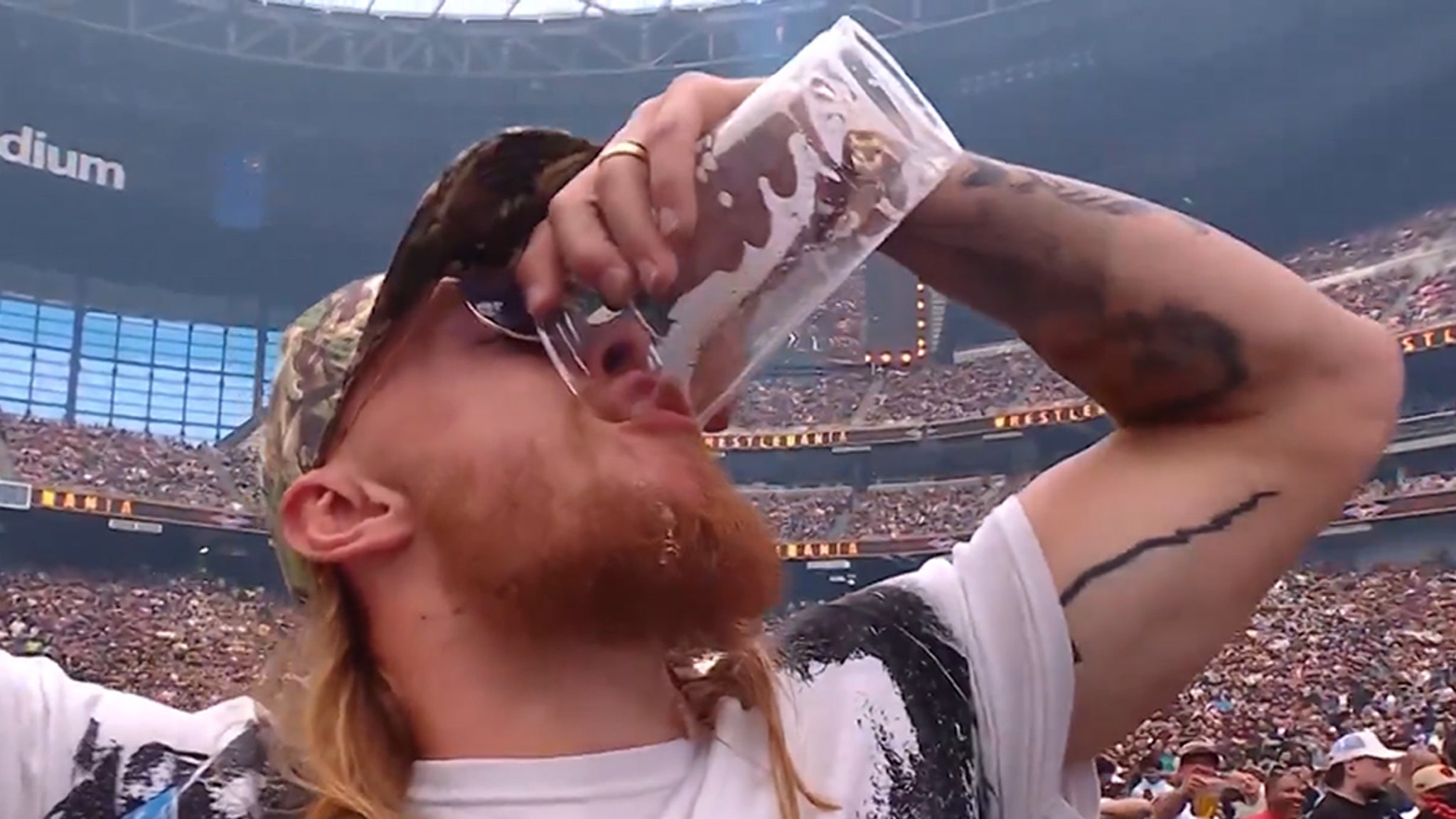 George Kittle Chugs Full Beer At WrestleMania, Jelly Roll and Lil Yachty In Crowd