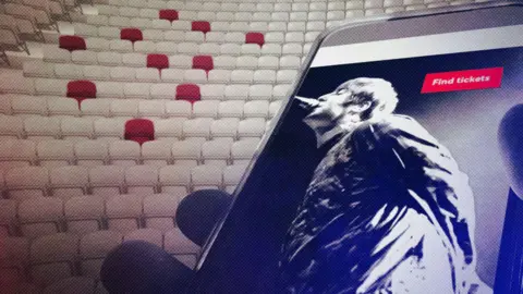 Ticket touts employing workers to bulk-buy for concerts A composite picture, on the right is a phone screen with a picture of Liam Gallagher singing into a microphone. On the left are white stadium sets, some of which are coloured red