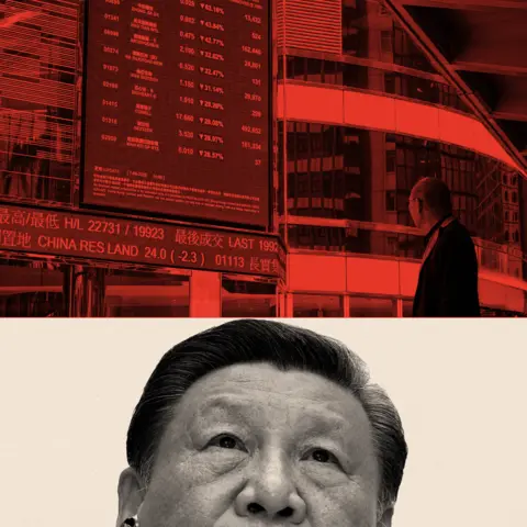 Xi's real test is not Trump's trade war BBC A treated split image, showing a digital display with the figures of the stock market above China's President Xi Jinping