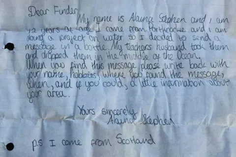 Moray schoolgirl's message in a bottle gets reply from Norway 31 years later Alaina Beresford Letter which says in writing: 'Dear finder. My name is Alaina Stephen and I am 12 years of age. I come from Portknockie and I am doing a project on water so I decided to send a message in a bottle. My teacher's husband took them and dropped them in the middle of the ocean. When you find this message, please write back with your name, hobbies, where you found the message, when, and if you could, a little information about your area. Yours sincerely, Alaina Stephen. PS I come from Scotland.'