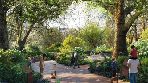 Queen Elizabeth memorial to include glass bridge and gardens FOSTER + PARTNERS There will be gardens and walks as part of the landscaping for the memorial