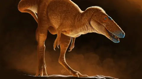 New species of dinosaur discovered that 'rewrites' T.rex family tree Julius Csotonyi The image shows an artist's impression of the newly discovered dinosaur. It walks on two hindlegs and has an elongated head with sharp teeth.