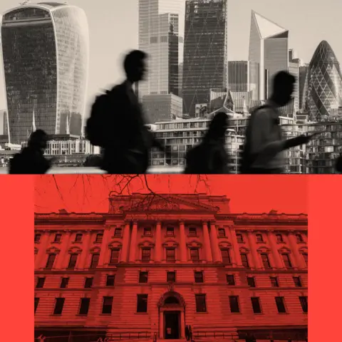 The Labour government must escape its own shadow BBC Two treated images with the top one showing high rise office buildings and the bottom one showing The Treasury building