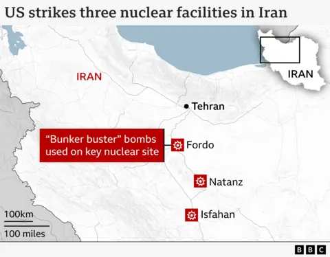 US gained nothing from strikes, Iran's supreme leader says Map of northern Iran showing three nuclear facilities hit by US weapons. The map shows Tehran in the north and, moving south, the three targets of Fordo, Natanz and Isfahan. Fordo is annotated to say: “Bunker buster” bombs used on key nuclear site.