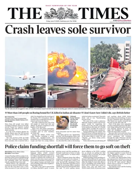 The headline on the front page of The Times reads: "Crash leaves sole survivor".