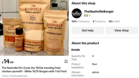 TikTok Shop food listings 'putting people at risk' TikTok A Nashville burger kit containing ingredients to bread and spice chicken is pictured next to its product description which simply states the ingredients as flour and the allergen information as spices even though this is inaccurate and leaves out important information