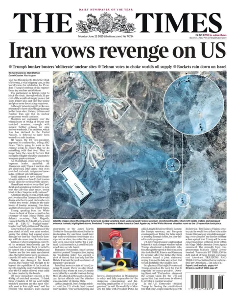 The headline on the front page of the Times reads: "Iran vows revenge on US"