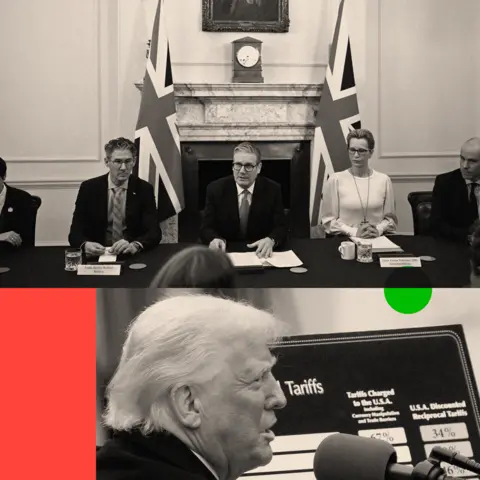 After Trump tariffs, Sir Keir Starmer is to slow down and go faster BBC Two treated image of Keir Starmer leading a panel at the top, and US president Donald Trump on the bottom