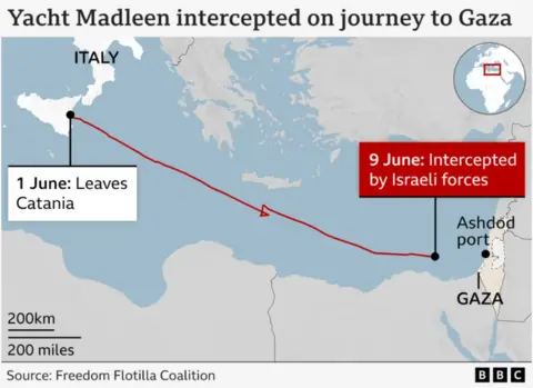 Six Gaza aid boat activists deported from Israel Map showing journey of the Madleen yacht from Catania in Italy to where it was intercepted off the coast of Gaza