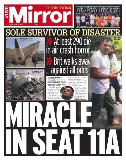 The headline on the front page of the Daily Mirror newspaper reads: "Miracle in seat 11A". 
