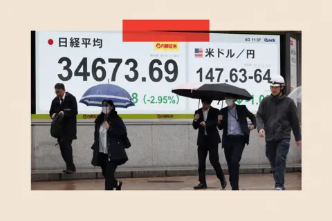 Shutterstock Pedestrians walk past an electronic stock market board showing Japan's Nikkei Stock Average, down 1,052.18 points at 34,673.69 in Tokyo, Japan
