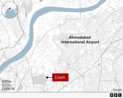 What we know so far after Air India flight from Ahmedabad to London Gatwick crashes A map of showing where the plane took off and where it crashed