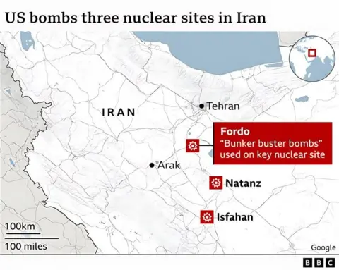 The US has changed the course of the conflict Map of Iran showing three locations hit in US attacks: Fordo; Natanz and Isfahan
