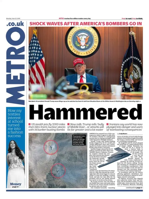 The headline on the Metro's front page reads: "Shock waves after America's bombers go in"