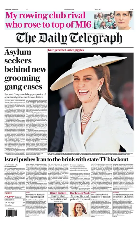 The headline on the front page of the Daily Telegraphy reads: "Asylum seekers behind new grooming gang cases".