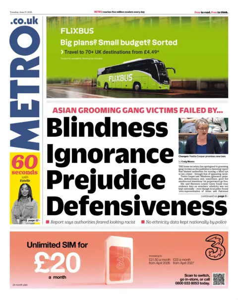 The headline on the front page of the Metro reads: "Blindness, ignorance, prejudice, defensiveness".