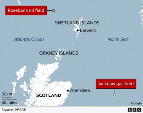 New emissions guidance published for North Sea oil and gas projects A map of the North Sea showing the Jackdaw and Rosebank fields relative to the mainland and other island groups