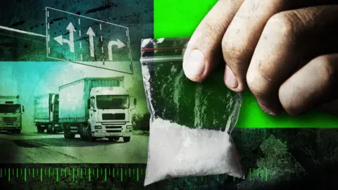 Ketamine swapped for salt as smugglers exploit Europe loophole in booming market BBC Treated image showing fingers holding a small bag of white powder - ketamine - in the foreground. In the background are images of lorries and a motorway sign showing direction arrows.