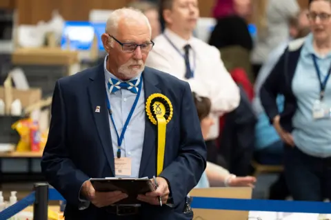 SNP to "learn lessons" as Labour wins crucial by-election PA Media A serious looking SNP counter in Saltire bow-tie and blue suit stands with a clipboard watching the vote tally in a hall full of people.