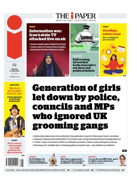 The headline on the front page of the i Paper reads: "Generation of girls let down by police, councils and MPs who ignored UK grooming gangs".