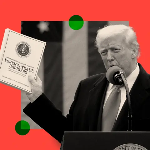 Pool/BBC A treated image of US president Donald Trump holding up a document that reads 'Foreign Trade Barriers'