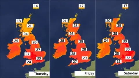 Temperatures surpass 29C as UK heads for heatwave Weather map of UK showing temperatures ranging from 24C to 32C