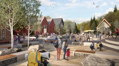 Ministers stall plans for Loch Lomond Flamingo Land resort Lomond Banks Art depicting the proposed Flamingo Land resort on the banks of Loch Lomond. Modern buildings line a street with benches and trees. Families walk around the open space