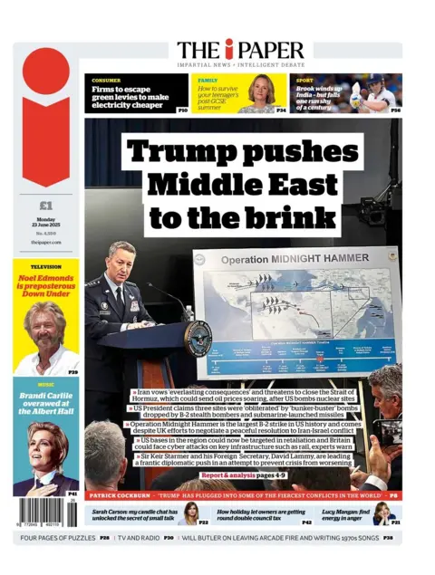 The headline on the front page of the i Paper reads: "Trump pushes Middle East to the brink"