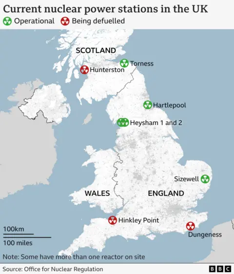 Starmer says 'no blank cheque' for nuclear project Map of different power station locations in UK