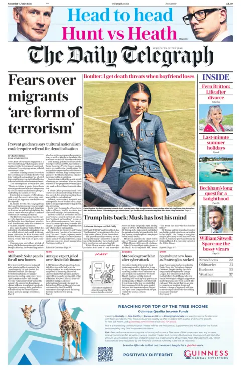 THE DAILY TELEGRAPH The headline of the Daily Telegraph reads: 'Fears over migrants 'are form of terorrism'