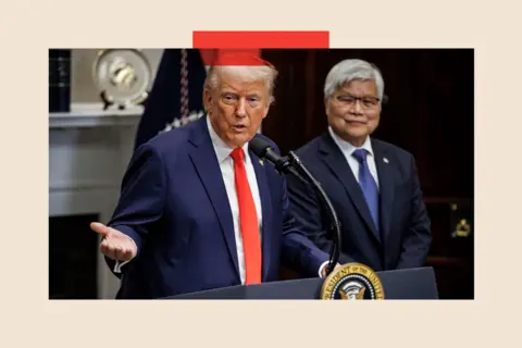 The US factory that lays bare the contradiction in Trump's policy Getty Donald Trump standing in front of a podium