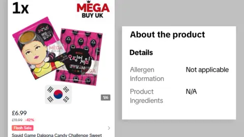 TikTok Shop food listings 'putting people at risk' Getty Images A Squid Game-related candy advertisement is pictured next to its product details, which says "not applicable" for both the allergen information and the product ingredients