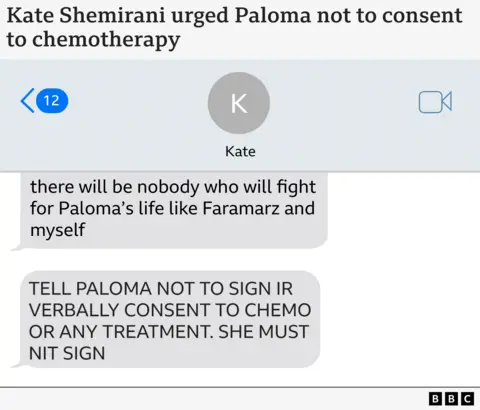 Our sister died because of our mum's cancer conspiracy theories, say brothers Graphic showing text messages from Kate Shemirani to Ander, saying in all caps: "Tell Paloma not to sign or verbally consent to chemo or any treatment. She must not sign." But "or" and "not" are misspelled as "IR" and "NIT"