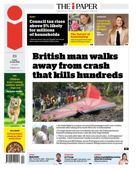 The headline on the front page of the i newspaper reads: "British man walks away from crash that kills hundreds". 