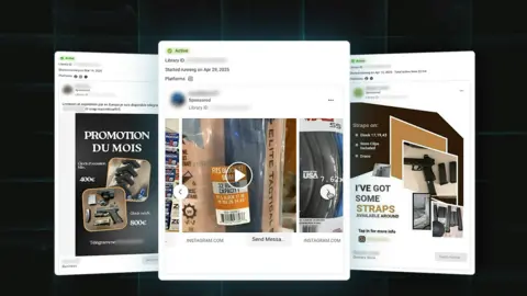 How 3D-printed guns are spreading online Meta/BBC A graphic showing screenshots of adverts on Meta platforms for guns and gun accessories.
