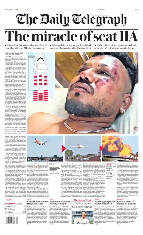 The headline on the front page of The Daily Telegraph reads: "The miracle of seat 11A".