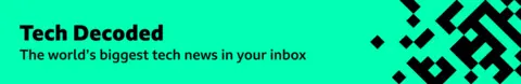 Will Musk's explosive row with Trump help or harm his businesses? A green promotional banner with black squares and rectangles forming pixels, moving in from the right. The text says: “Tech Decoded: The world’s biggest tech news in your inbox every Monday.”