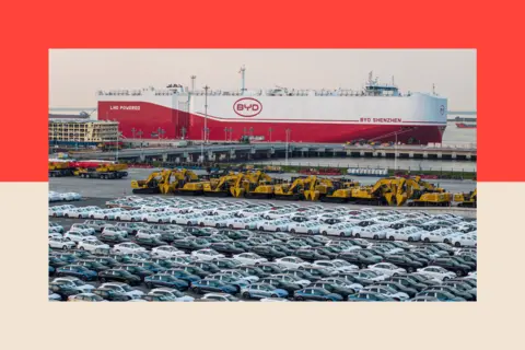 China's electric cars are cheaper, but is there a deeper cost? STR via Getty Lines of cars in a car park, in front of a BYD container ship