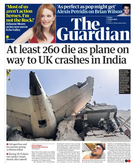 The headline on the front page of the Guardian newspaper reads: "At least 260 die as plane on way to UK crashes in India". 