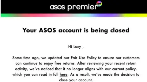 Asos customers banned over returns say it is 'slap in the face' A screenshot of an email from Asos saying Lucy's account will be closed.
