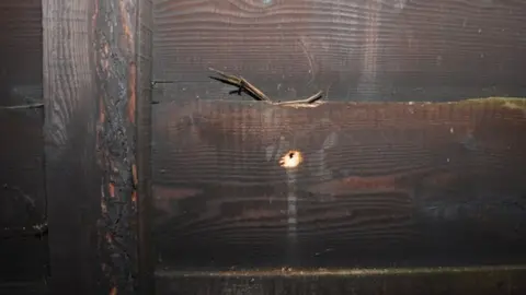 Police make renewed call over John 'Goldfinger' Palmer murder Essex Police A close-up of a small hole carved into the wood panel of a fence.