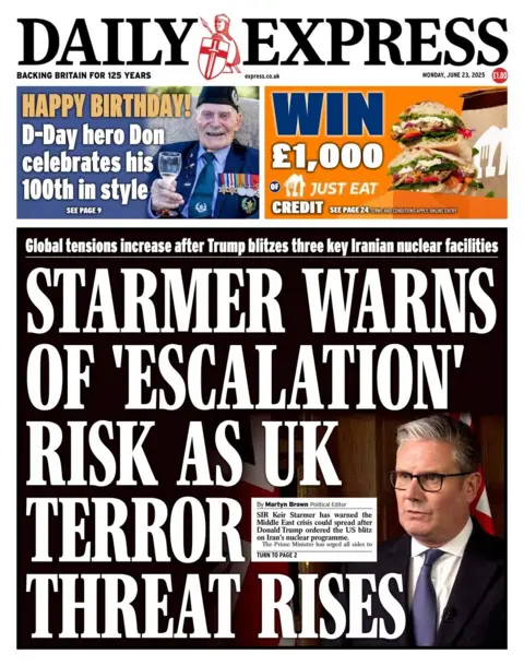 The headline on the front page of the Daily Express reads: "Starmer warns of 'escalation' as UK terror threat rises"