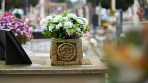 Dating app scam victims told 'don't suffer in silence' Getty Images Basket of flowers at a cemetery.