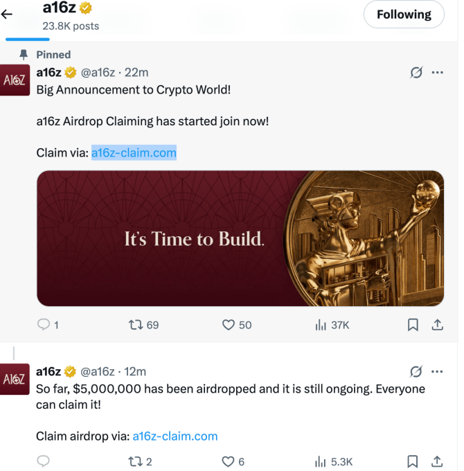 No, Andreessen Horowitz didn't post that crypto scam tweet crypto scam tweet