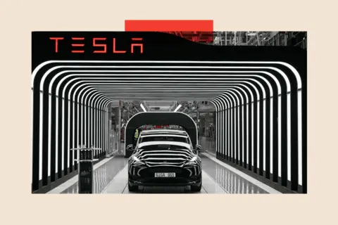 China's electric cars are cheaper, but is there a deeper cost? Getty Images Tesla logo and car surrounded by lights