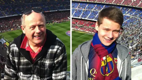 Dad gave me a kidney so I can have my dream wedding Brian Innes Brian is in a check jacket and has sunglasses on his head. His son, Kieran, is wearing a football scarf and grey top. They both have the inside of the football stadium in the background.