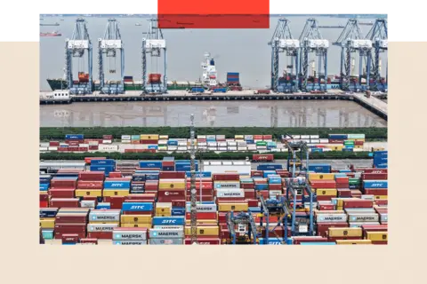 Xi's real test is not Trump's trade war Getty Images Aerial view of shipping containers sitting stacked at Shanghai Port
