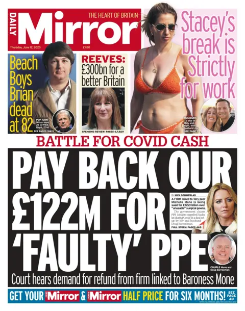The headline on the front page of the Daily Mirror reads: "Pay back our £122m for 'faulty' PPE". 